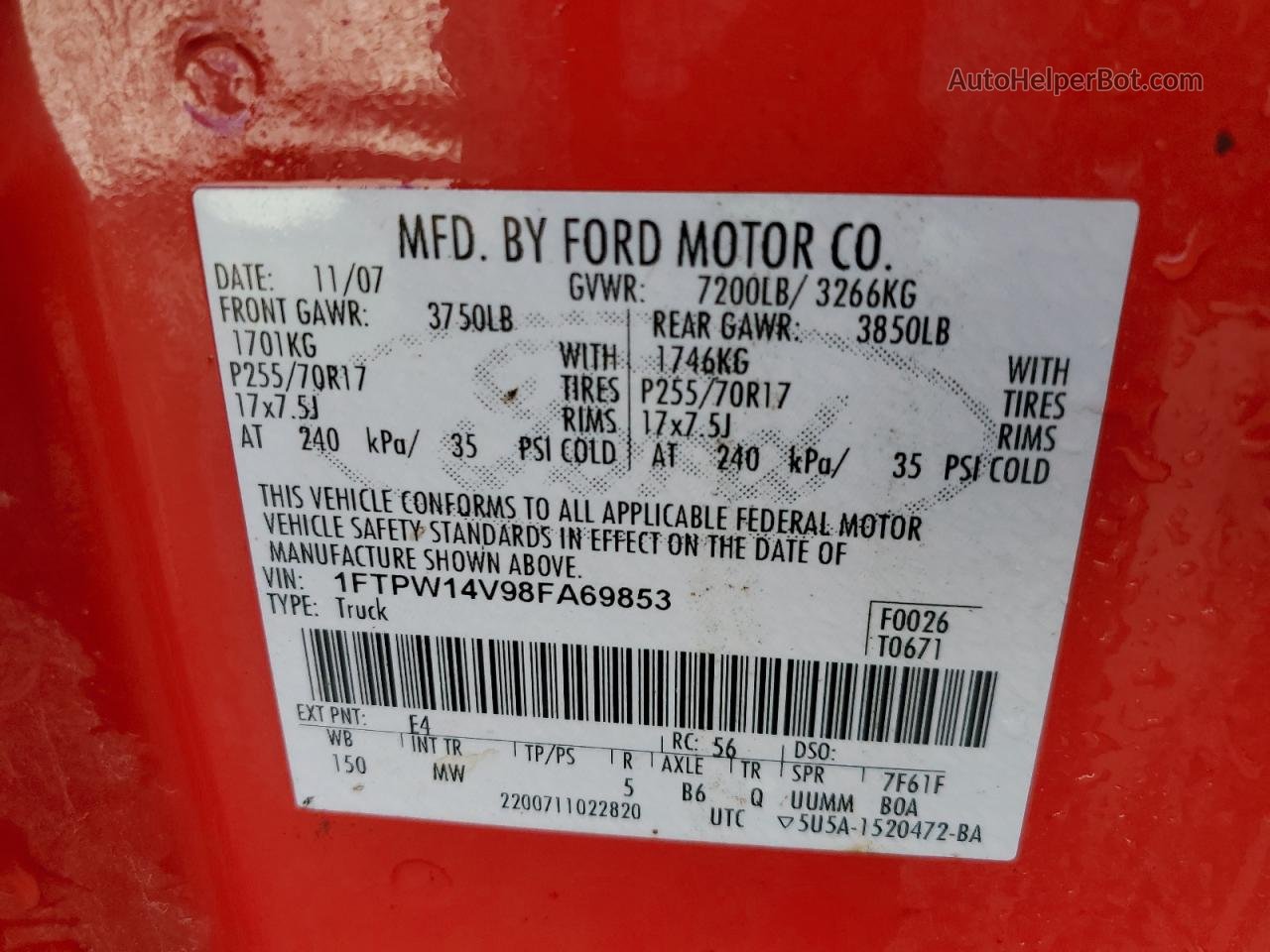 2008 Ford F150 Supercrew Red vin: 1FTPW14V98FA69853