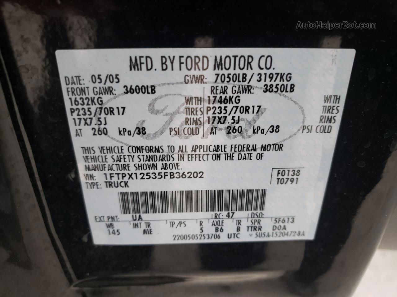 2005 Ford F150  Black vin: 1FTPX12535FB36202