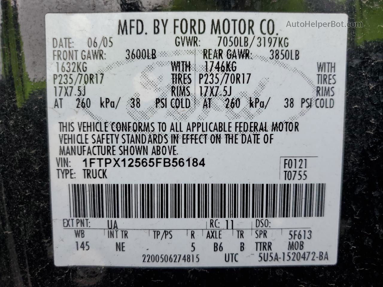 2005 Ford F150  Черный vin: 1FTPX12565FB56184