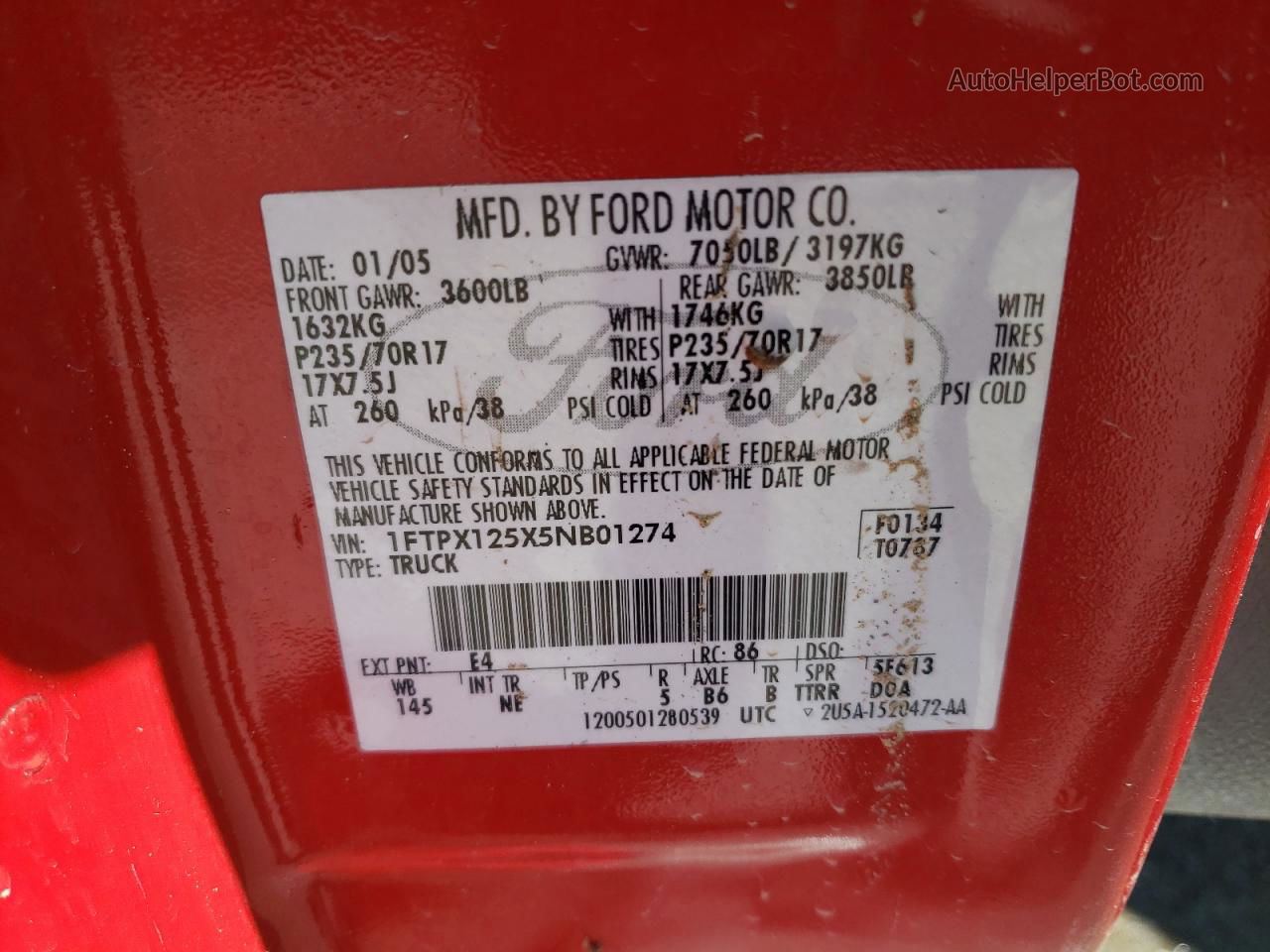 2005 Ford F150  Red vin: 1FTPX125X5NB01274