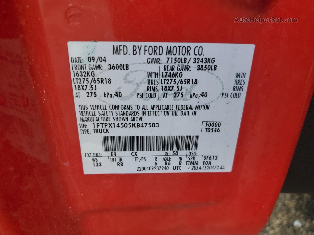 2005 Ford F150  Красный vin: 1FTPX14505KB47503