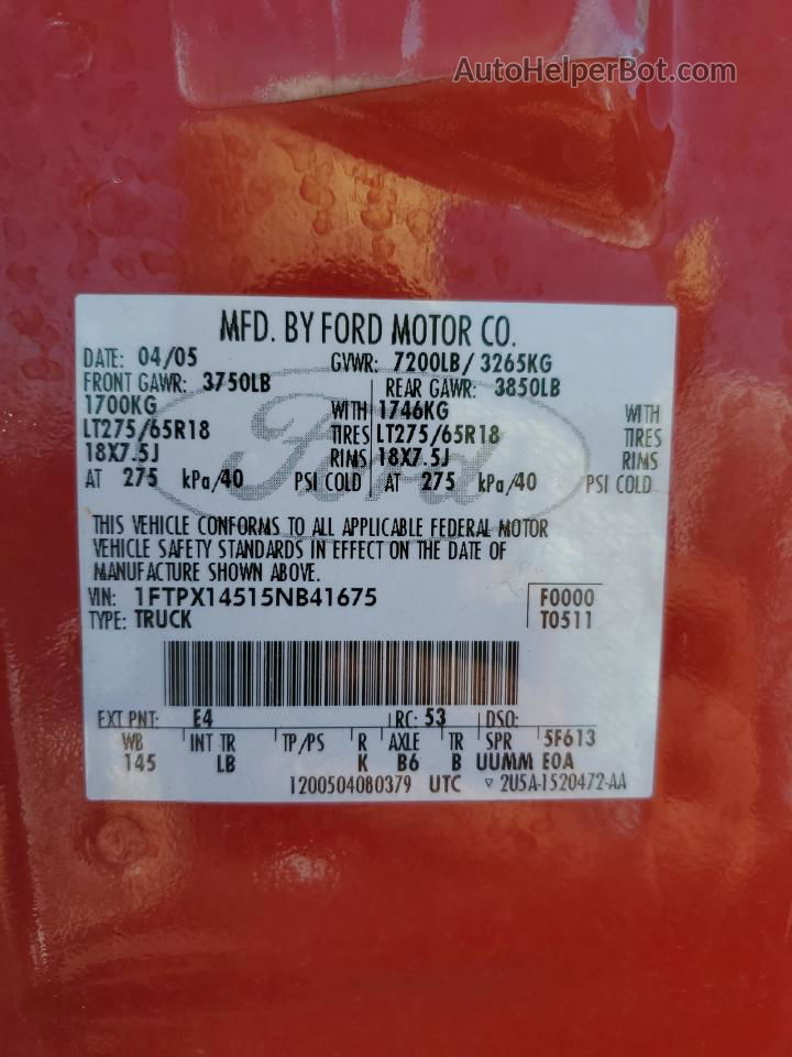 2005 Ford F150  Красный vin: 1FTPX14515NB41675