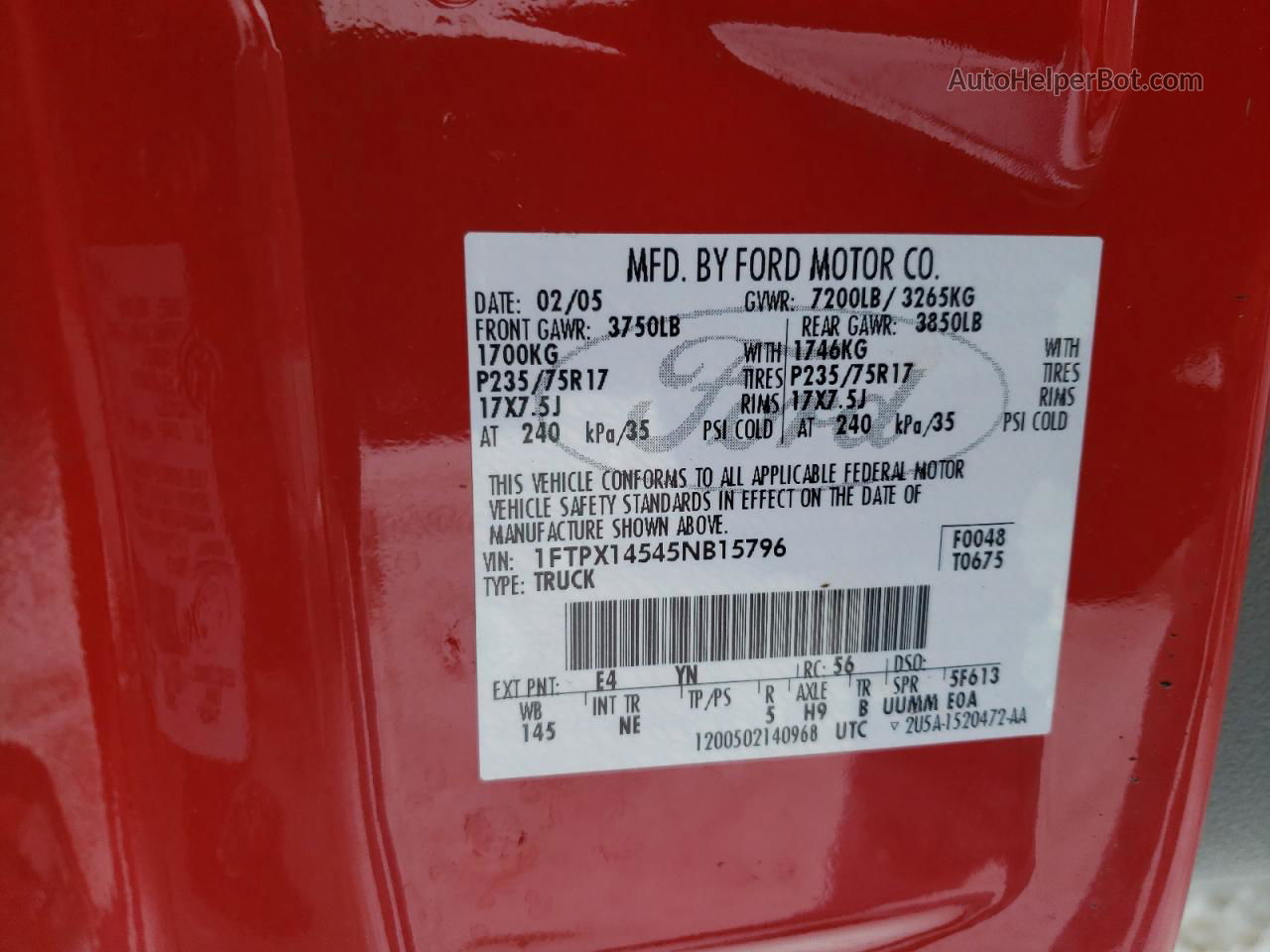 2005 Ford F150  Red vin: 1FTPX14545NB15796