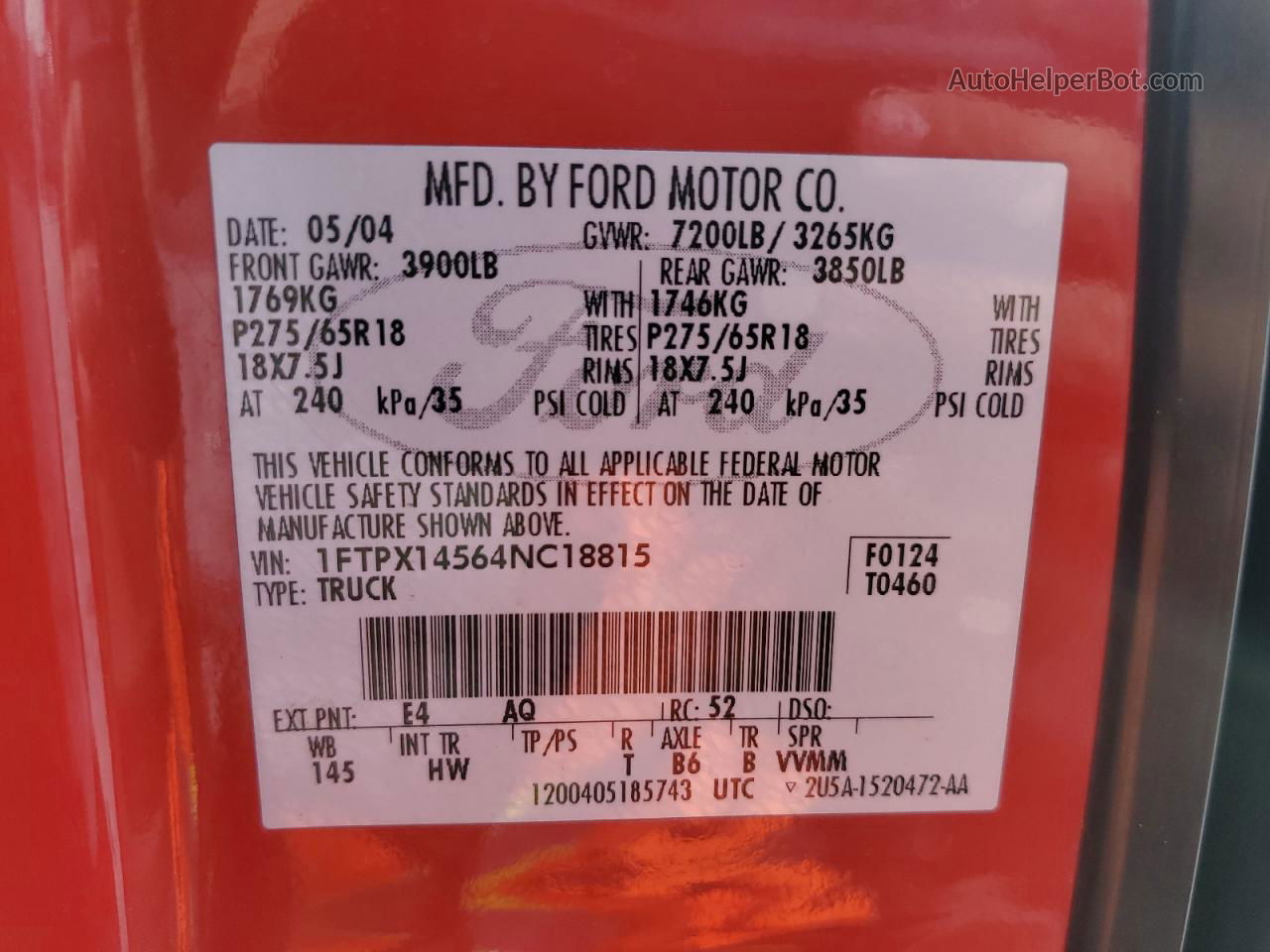 2004 Ford F150  Красный vin: 1FTPX14564NC18815