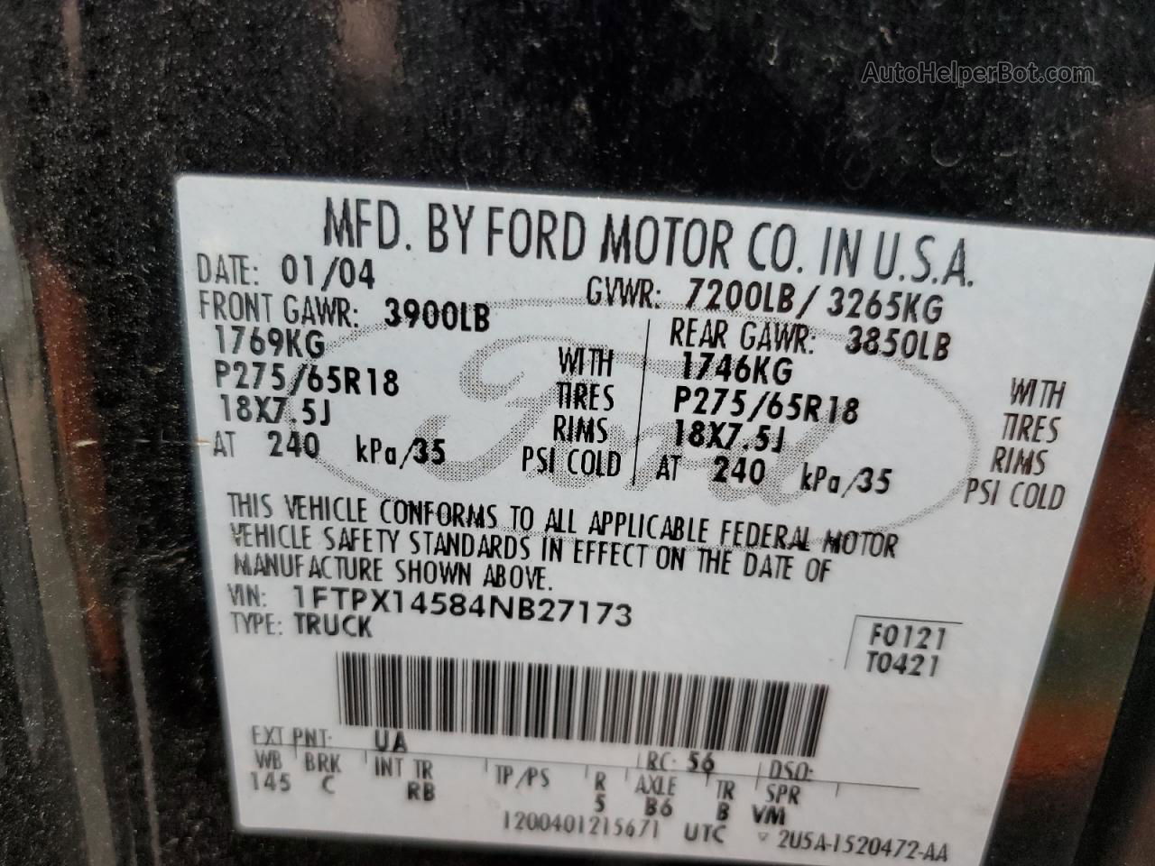 2004 Ford F150  Black vin: 1FTPX14584NB27173