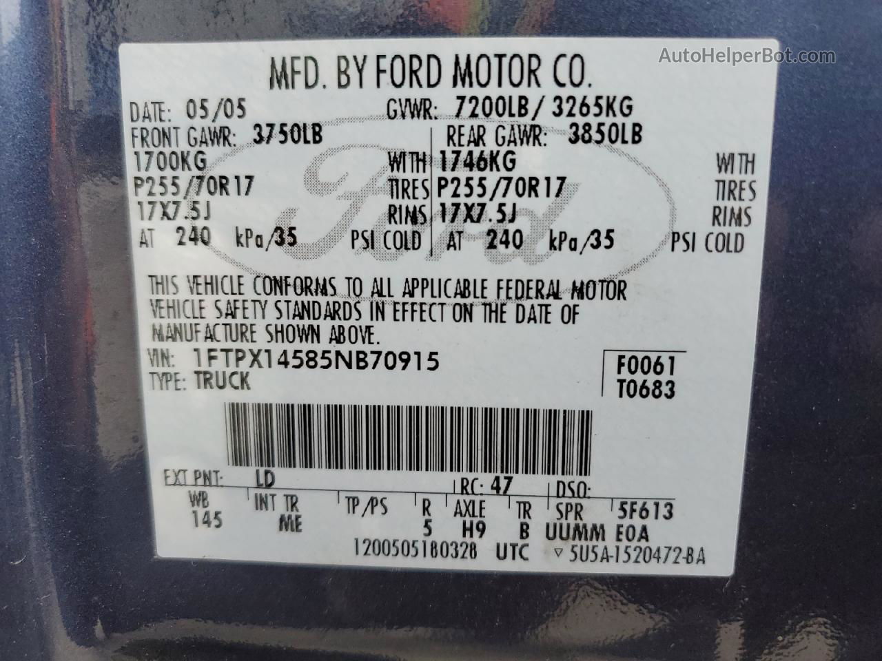 2005 Ford F150  Blue vin: 1FTPX14585NB70915