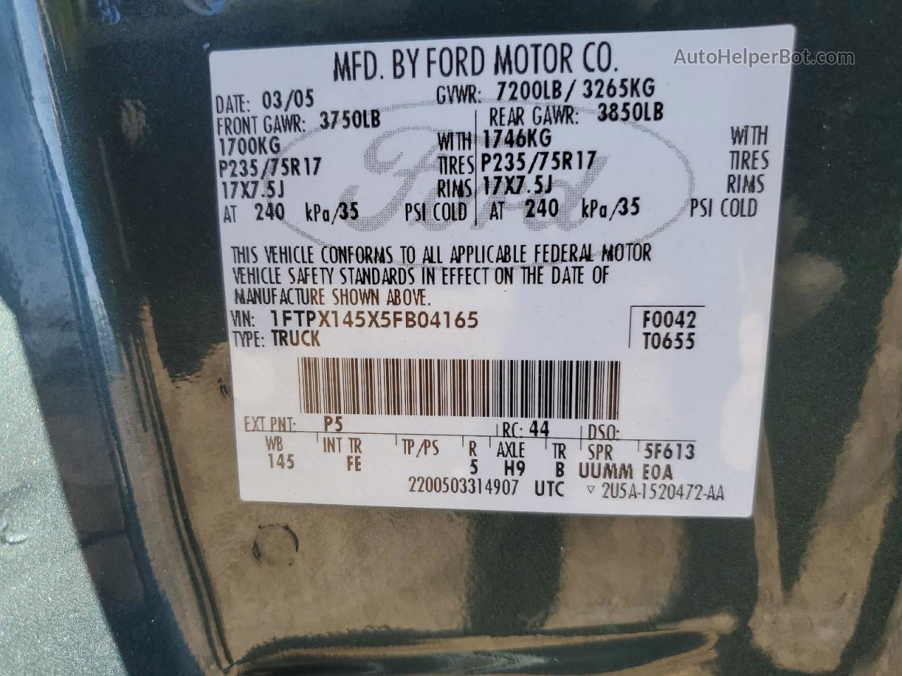 2005 Ford F150  Green vin: 1FTPX145X5FB04165