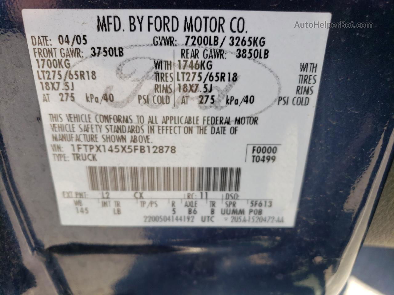 2005 Ford F150  Blue vin: 1FTPX145X5FB12878