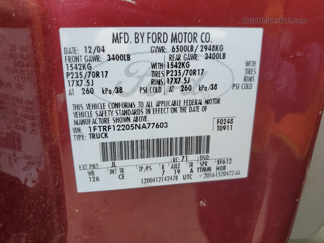 2005 Ford F150  Burgundy vin: 1FTRF12205NA77603