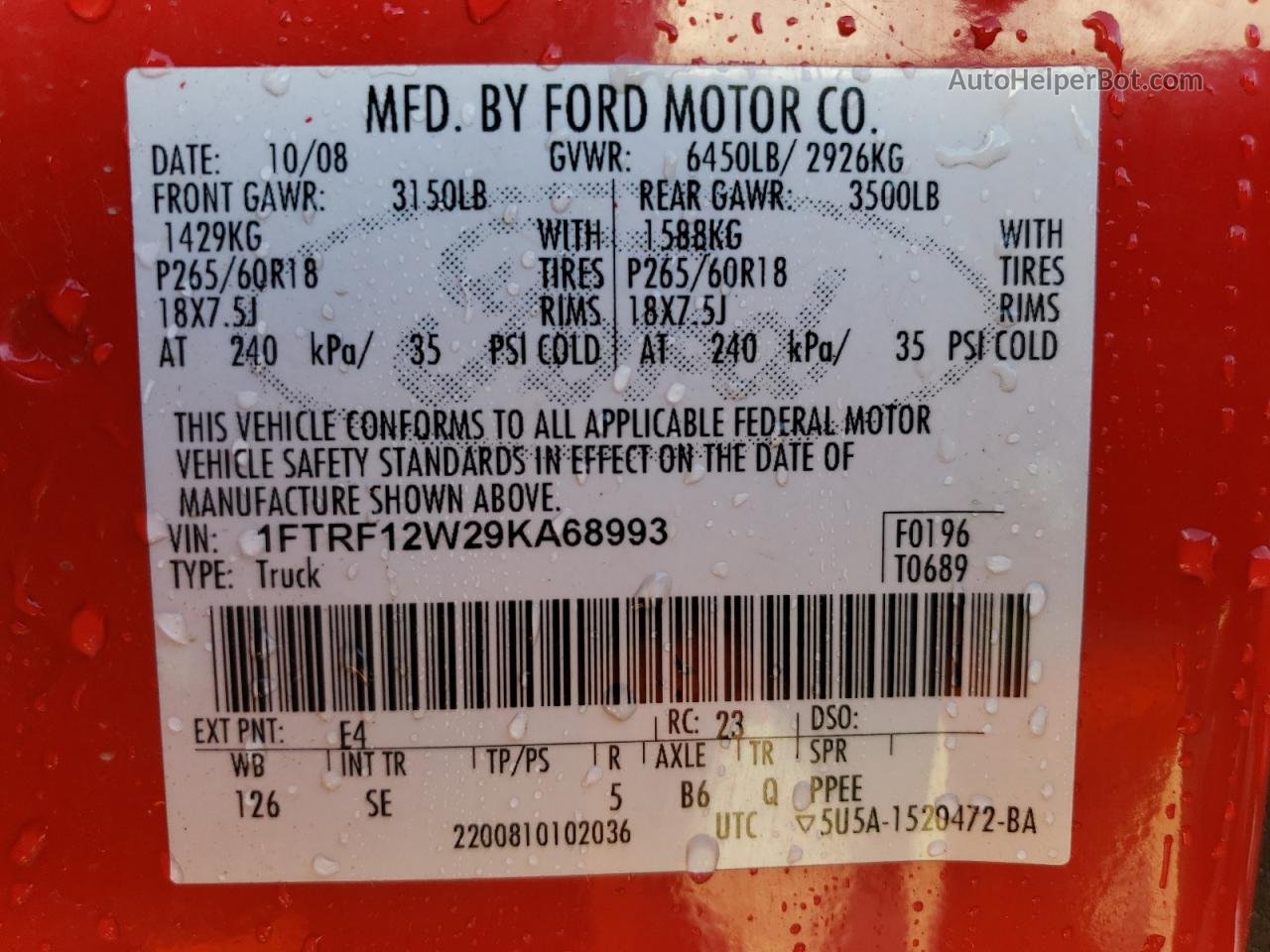2009 Ford F150  Red vin: 1FTRF12W29KA68993