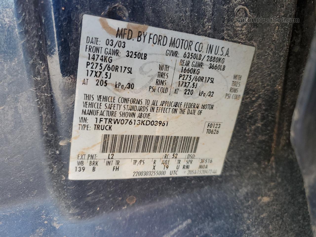 2003 Ford F150 Supercrew Синий vin: 1FTRW07613KD03961
