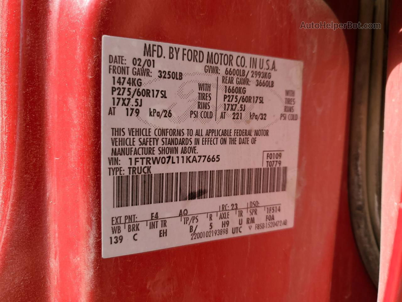 2001 Ford F150 Supercrew Красный vin: 1FTRW07L11KA77665