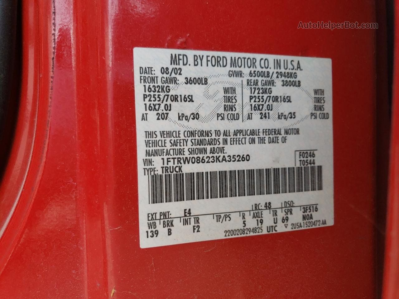 2003 Ford F150 Supercrew Красный vin: 1FTRW08623KA35260