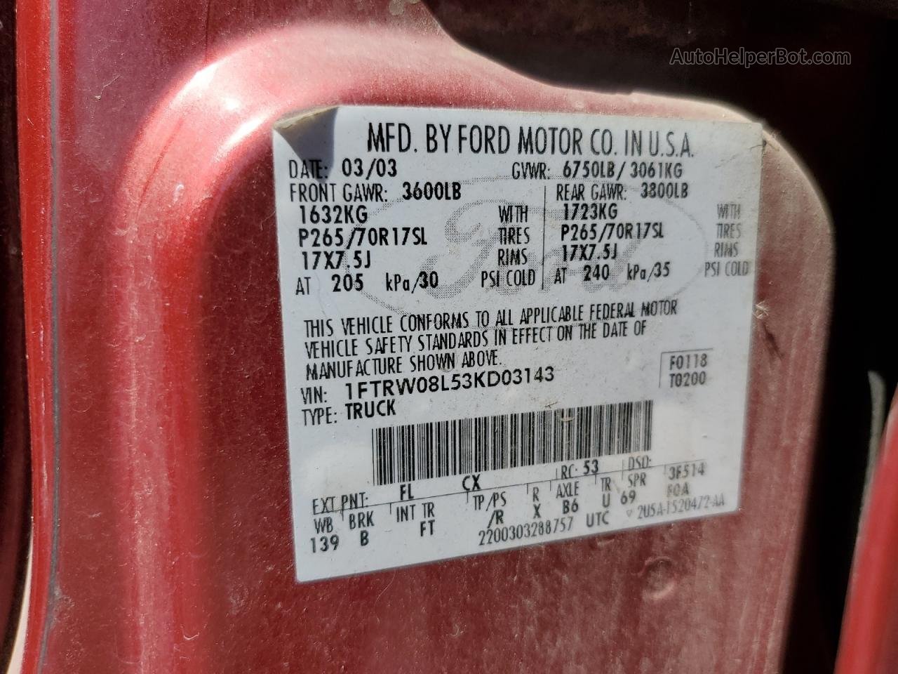 2003 Ford F150 Supercrew Red vin: 1FTRW08L53KD03143