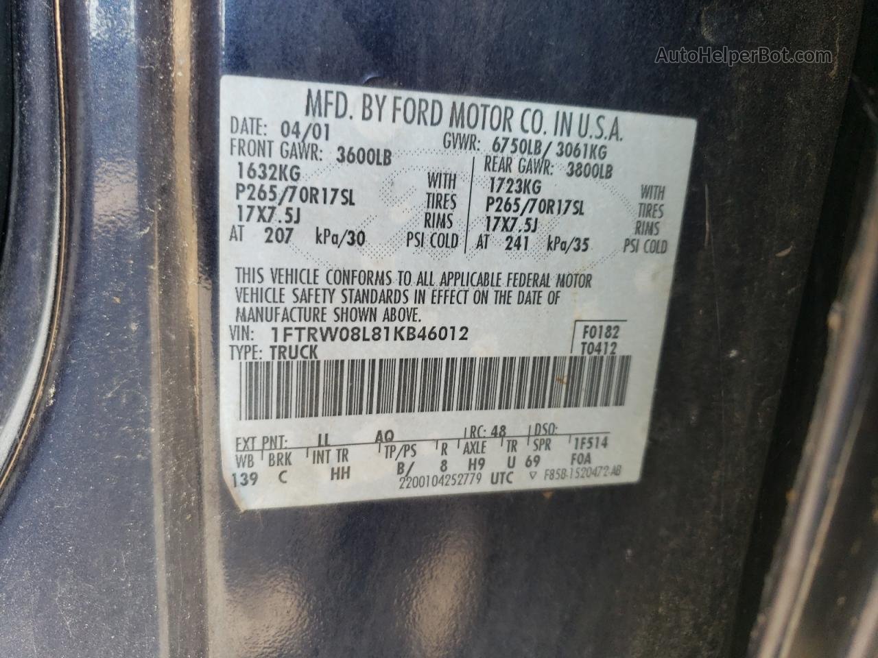 2001 Ford F150 Supercrew Blue vin: 1FTRW08L81KB46012