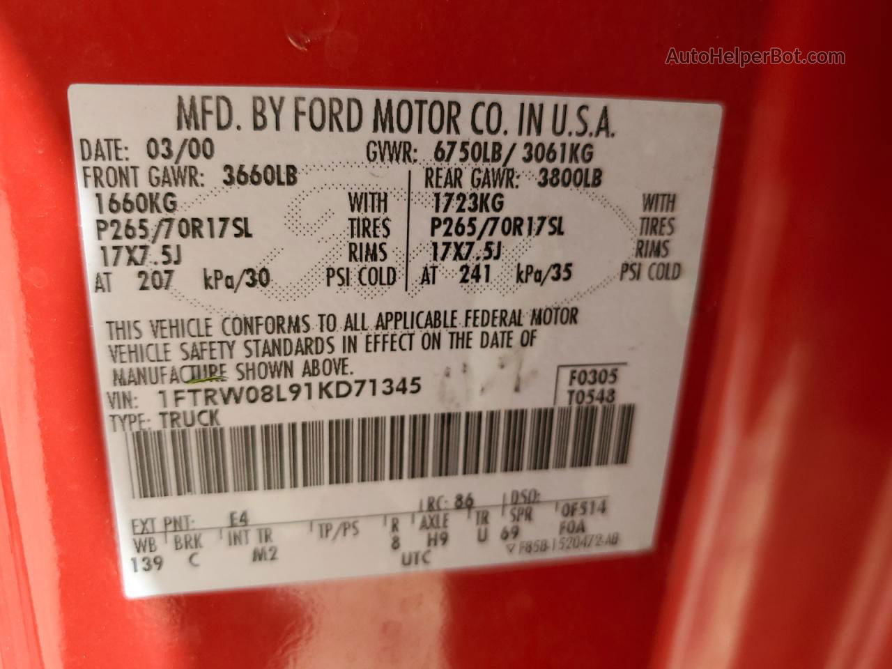 2001 Ford F150 Supercrew Red vin: 1FTRW08L91KD71345