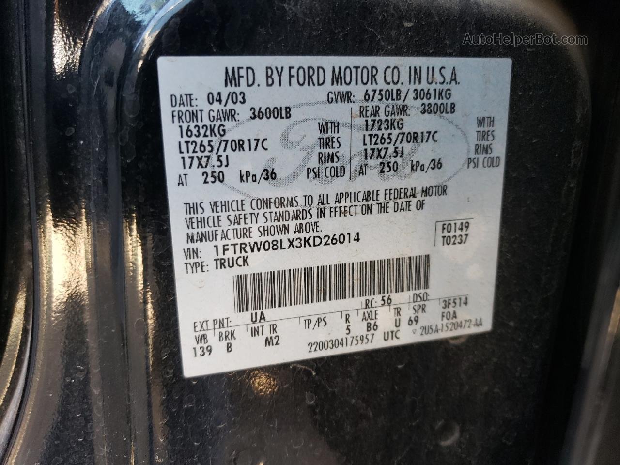 2003 Ford F150 Supercrew Black vin: 1FTRW08LX3KD26014