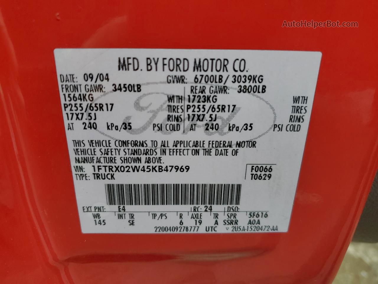 2005 Ford F150  Red vin: 1FTRX02W45KB47969
