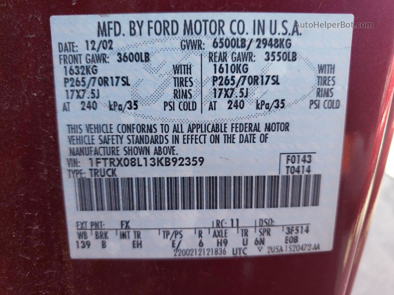 2003 Ford F150  Темно-бордовый vin: 1FTRX08L13KB92359