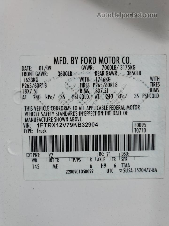 2009 Ford F150 Super Cab White vin: 1FTRX12V79KB32904