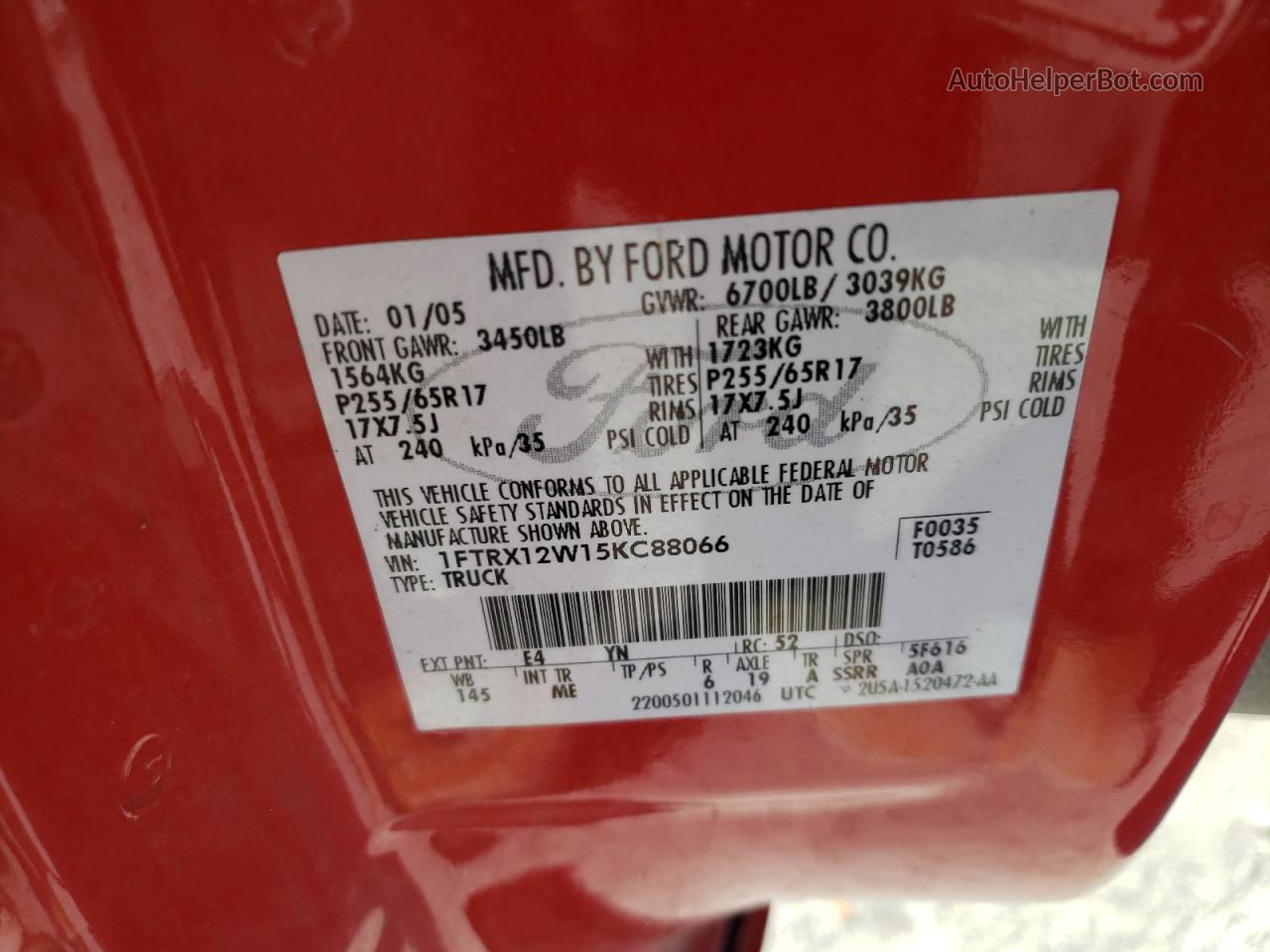2005 Ford F150  Красный vin: 1FTRX12W15KC88066