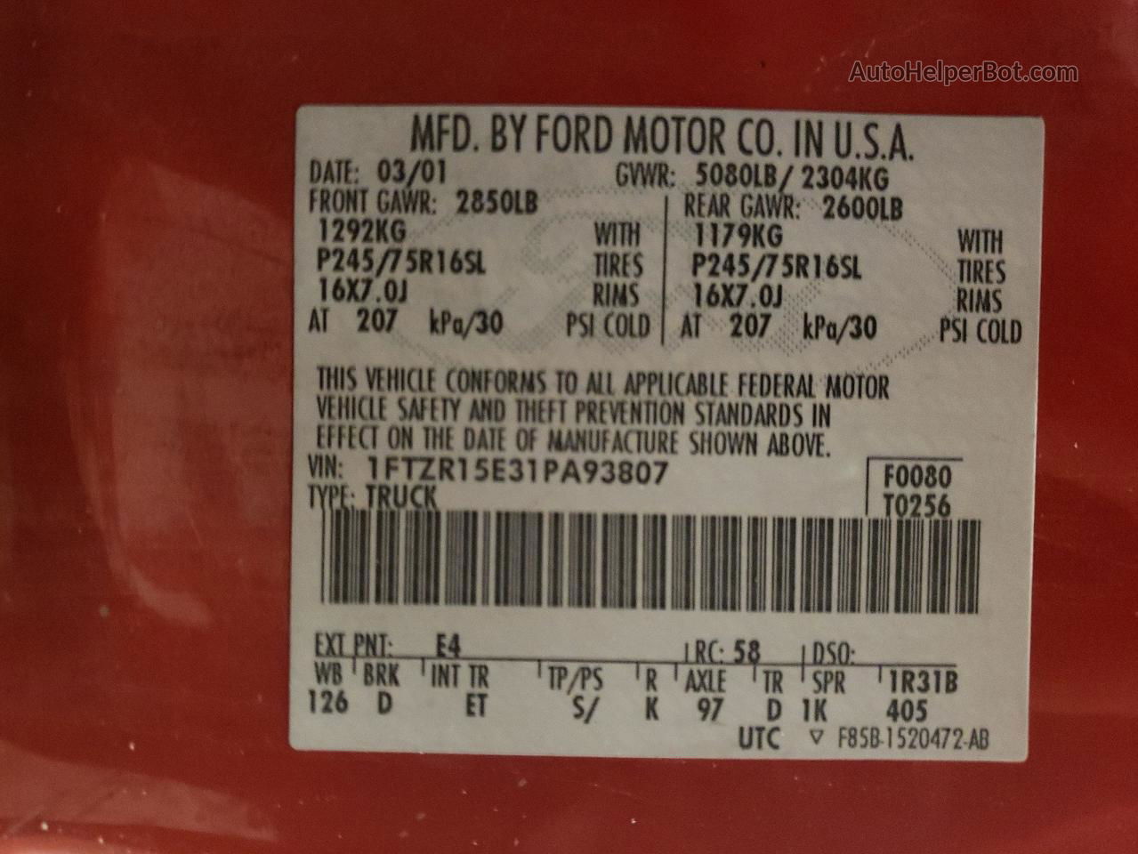 2001 Ford Ranger Super Cab Red vin: 1FTZR15E31PA93807