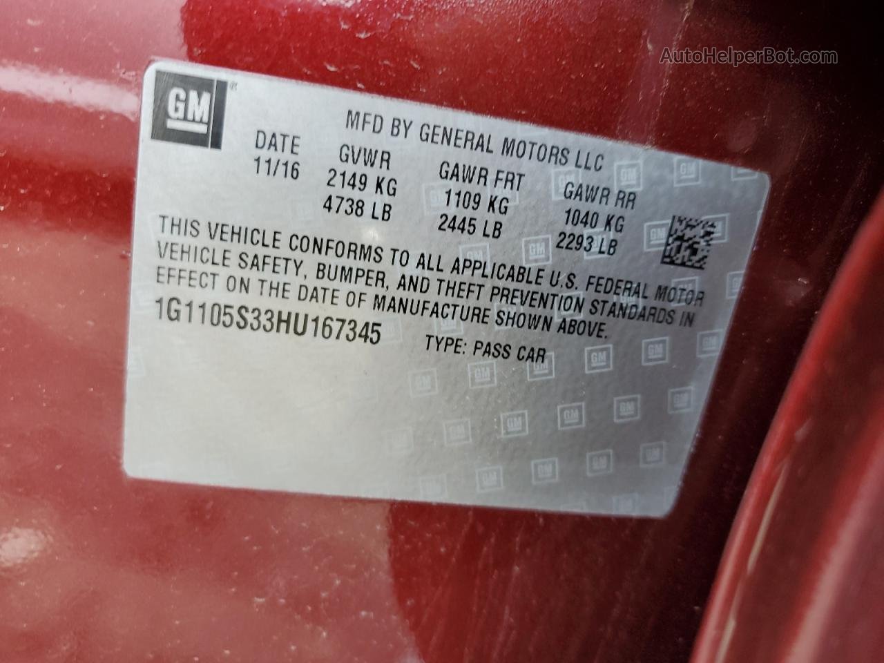 2017 Chevrolet Impala Lt Темно-бордовый vin: 1G1105S33HU167345