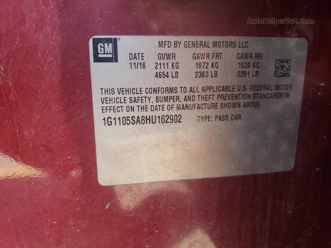 2017 Chevrolet Impala Lt Красный vin: 1G1105SA8HU162902
