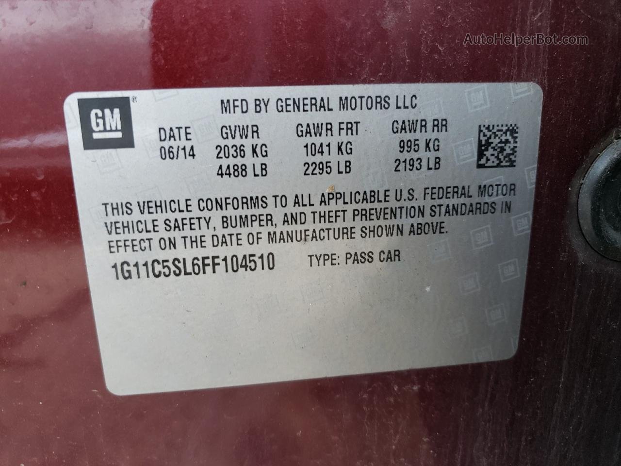 2015 Chevrolet Malibu 1lt Бордовый vin: 1G11C5SL6FF104510