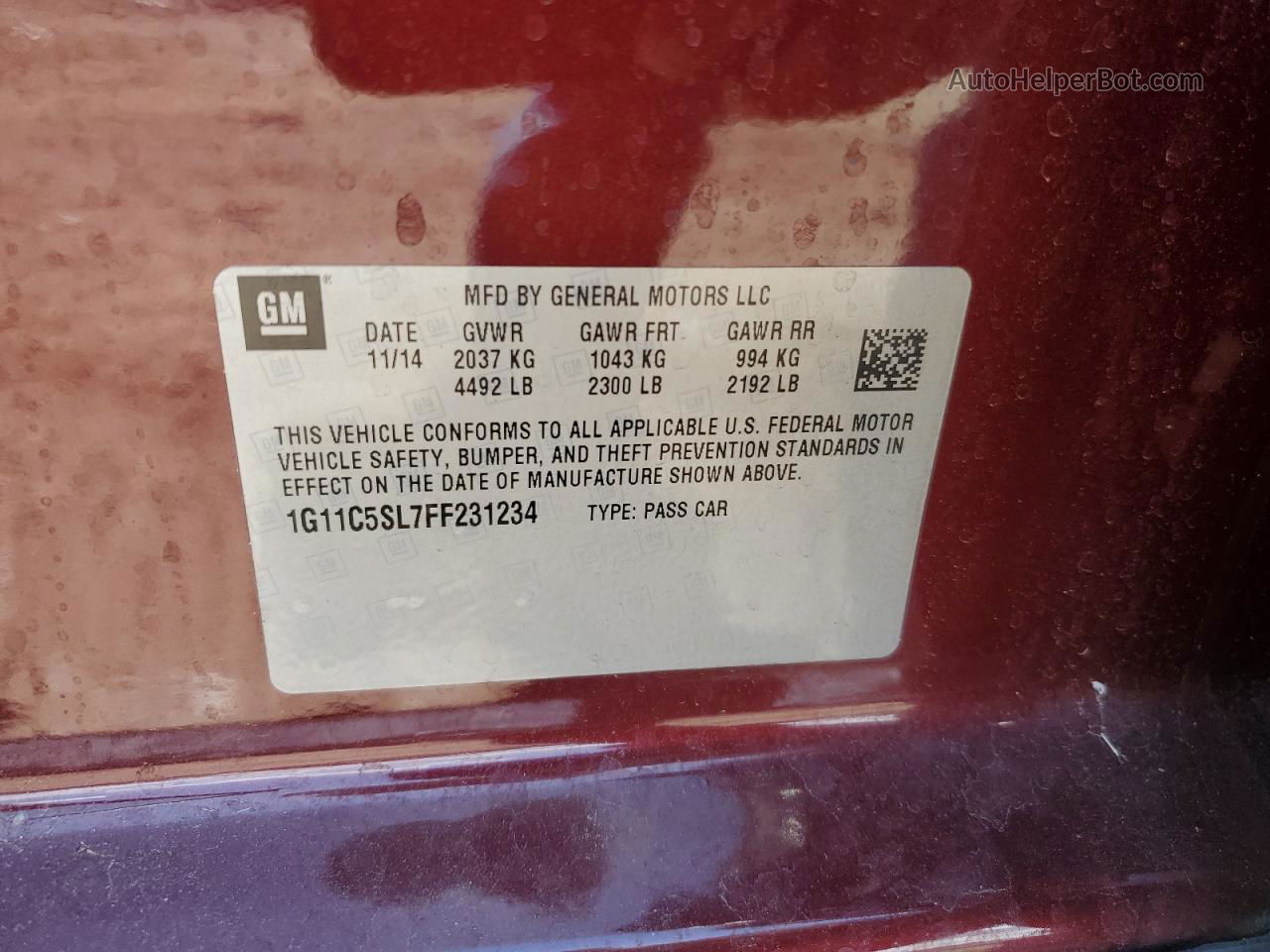 2015 Chevrolet Malibu 1lt Бордовый vin: 1G11C5SL7FF231234