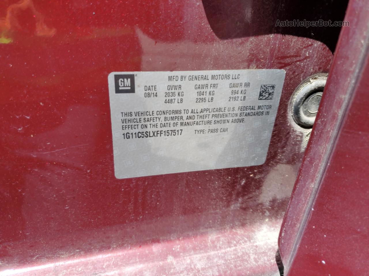 2015 Chevrolet Malibu 1lt Темно-бордовый vin: 1G11C5SLXFF157517