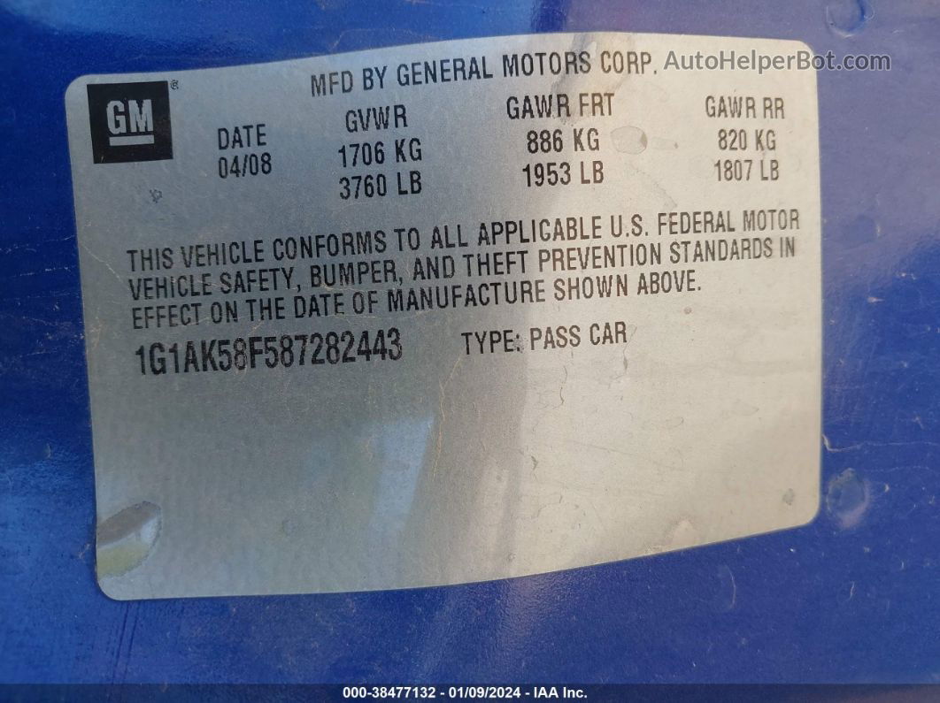 2008 Chevrolet Cobalt Ls Blue vin: 1G1AK58F587282443