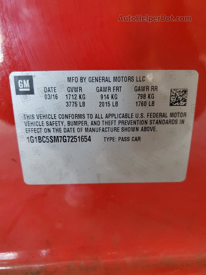 2016 Chevrolet Cruze Ls Red vin: 1G1BC5SM7G7251654