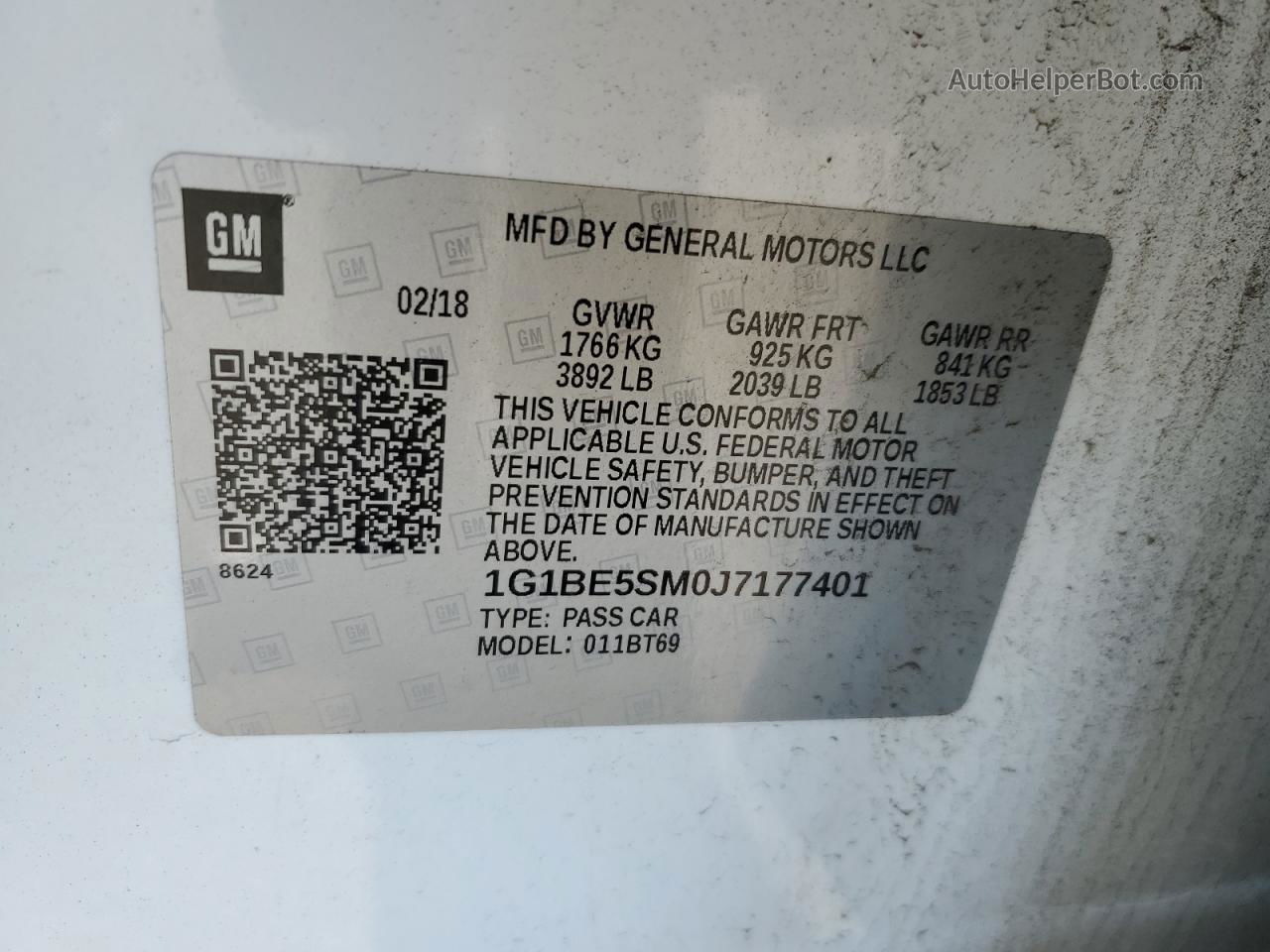 2018 Chevrolet Cruze Lt White vin: 1G1BE5SM0J7177401