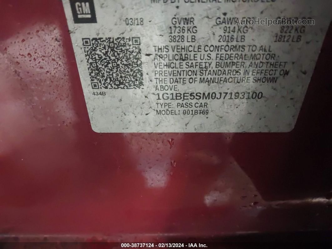 2018 Chevrolet Cruze Lt Auto Red vin: 1G1BE5SM0J7193100