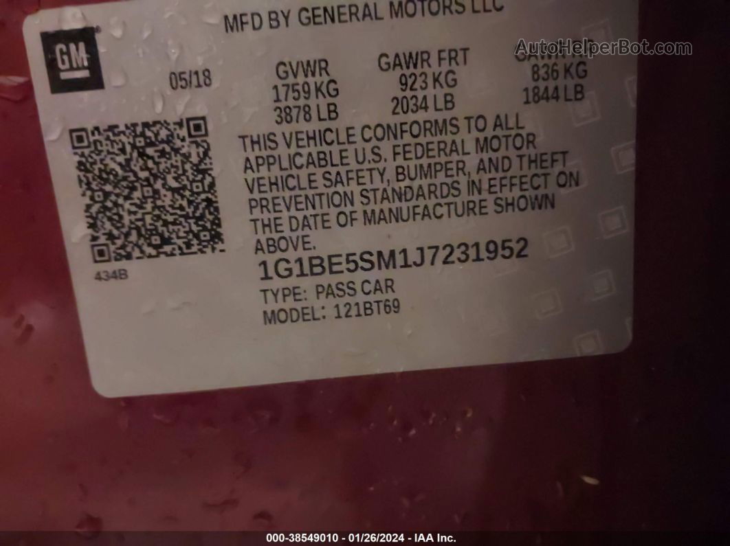 2018 Chevrolet Cruze Lt Auto Красный vin: 1G1BE5SM1J7231952