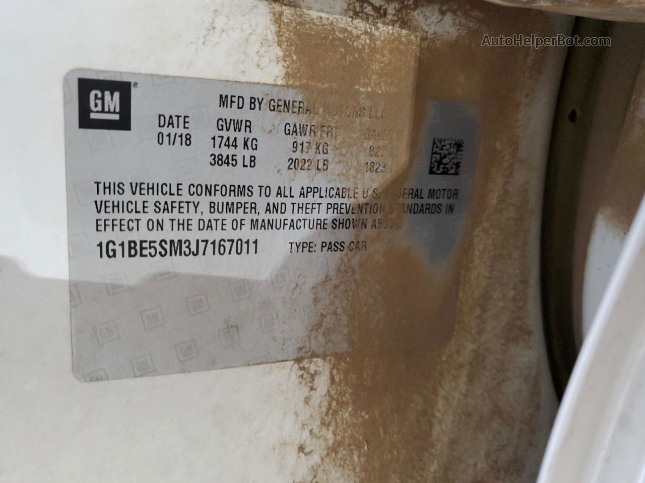 2018 Chevrolet Cruze Lt White vin: 1G1BE5SM3J7167011
