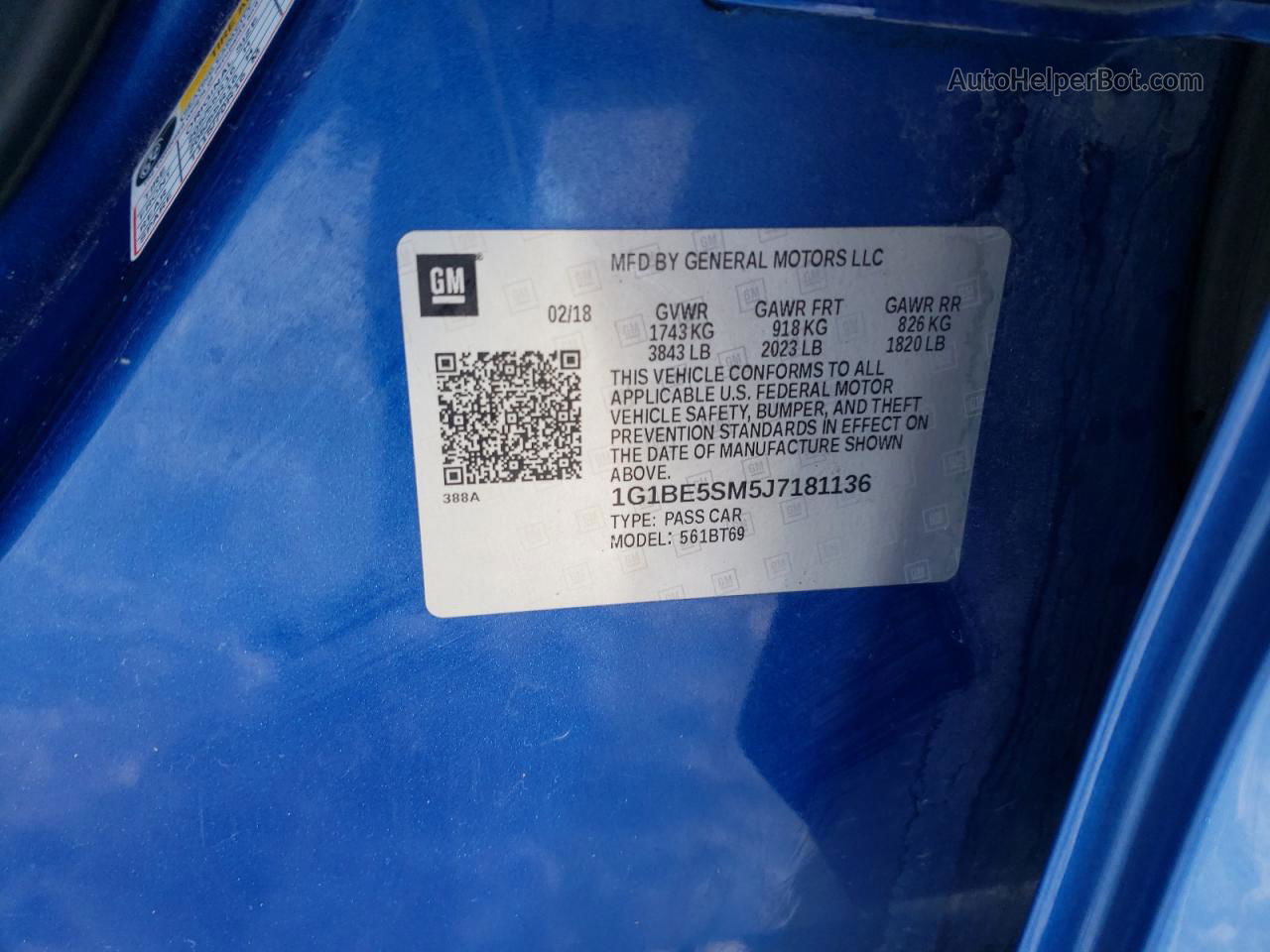 2018 Chevrolet Cruze Lt Blue vin: 1G1BE5SM5J7181136