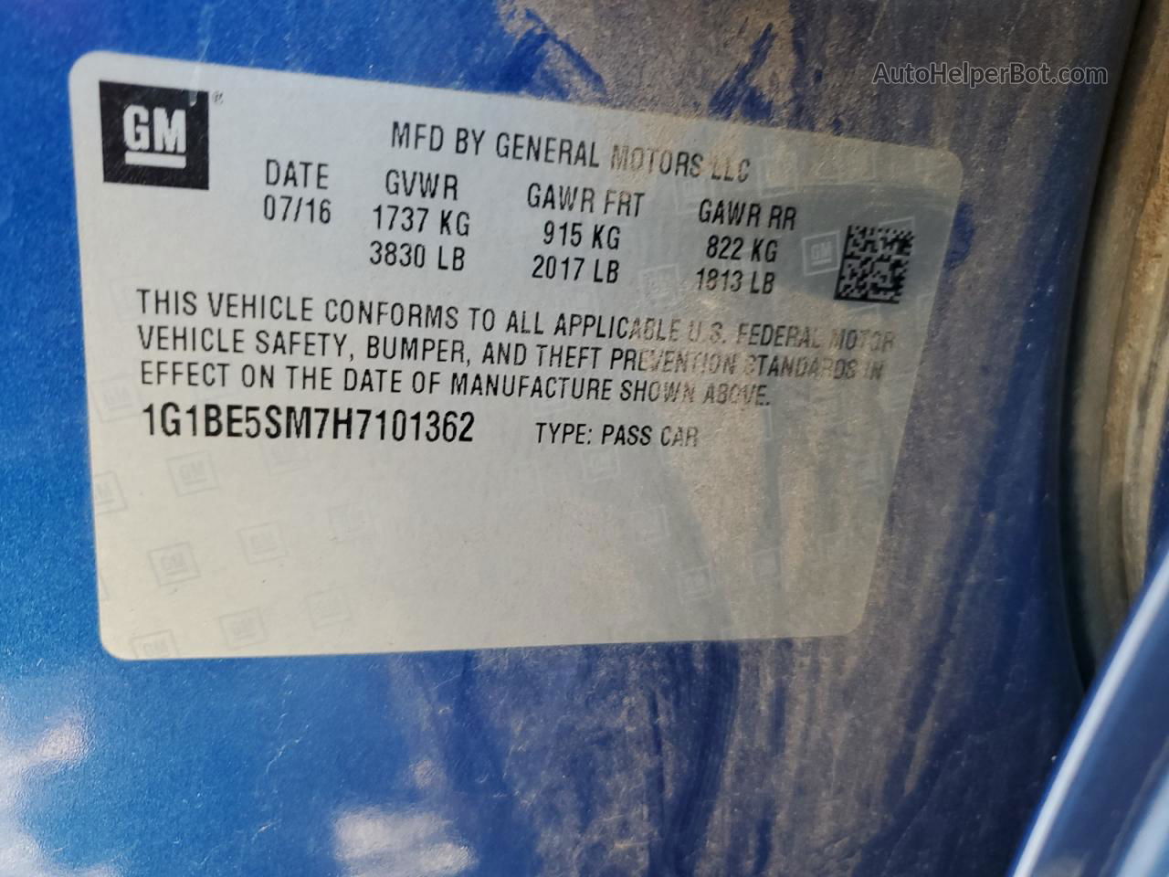 2017 Chevrolet Cruze Lt Blue vin: 1G1BE5SM7H7101362