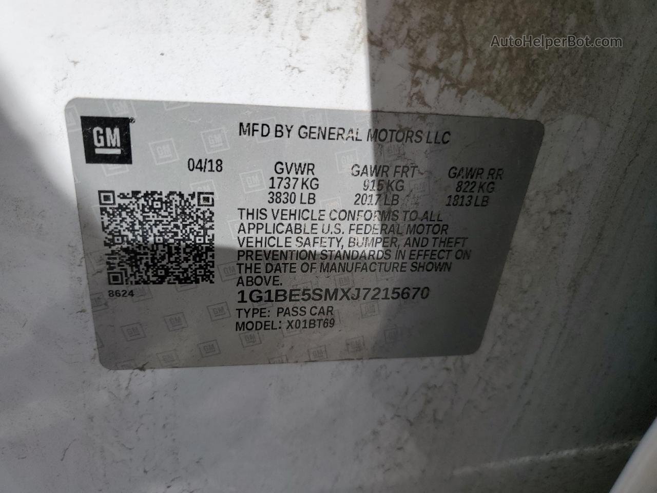 2018 Chevrolet Cruze Lt White vin: 1G1BE5SMXJ7215670