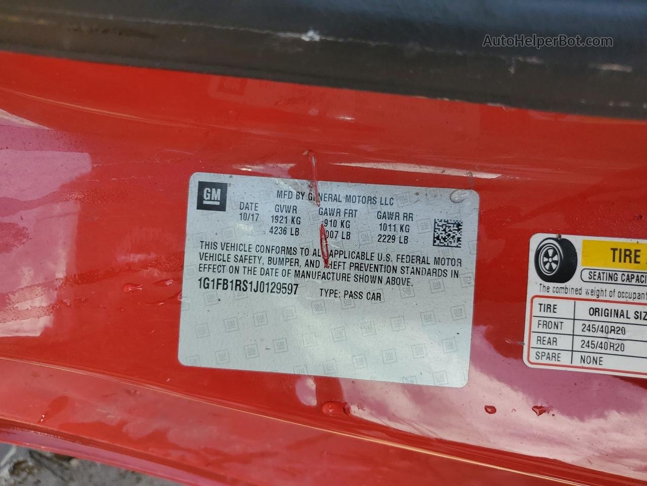 2018 Chevrolet Camaro Lt Red vin: 1G1FB1RS1J0129597