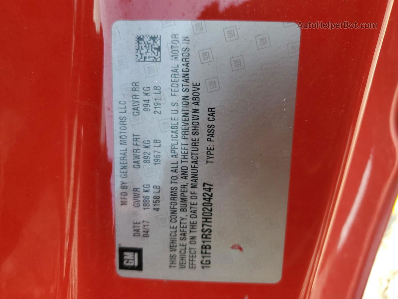 2017 Chevrolet Camaro Lt Red vin: 1G1FB1RS7H0204247