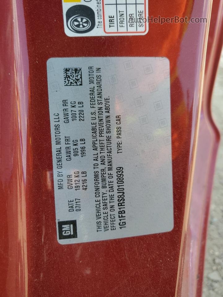 2018 Chevrolet Camaro Lt Maroon vin: 1G1FB1RS8J0108939