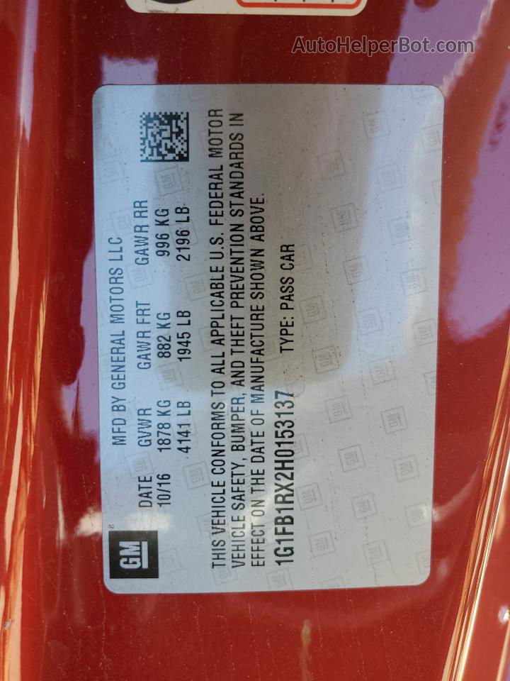 2017 Chevrolet Camaro Lt Red vin: 1G1FB1RX2H0153137