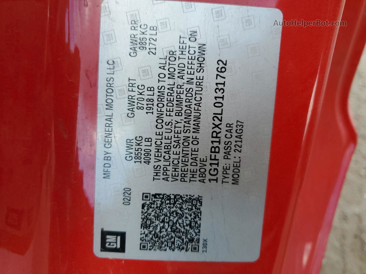 2020 Chevrolet Camaro Ls Red vin: 1G1FB1RX2L0131762