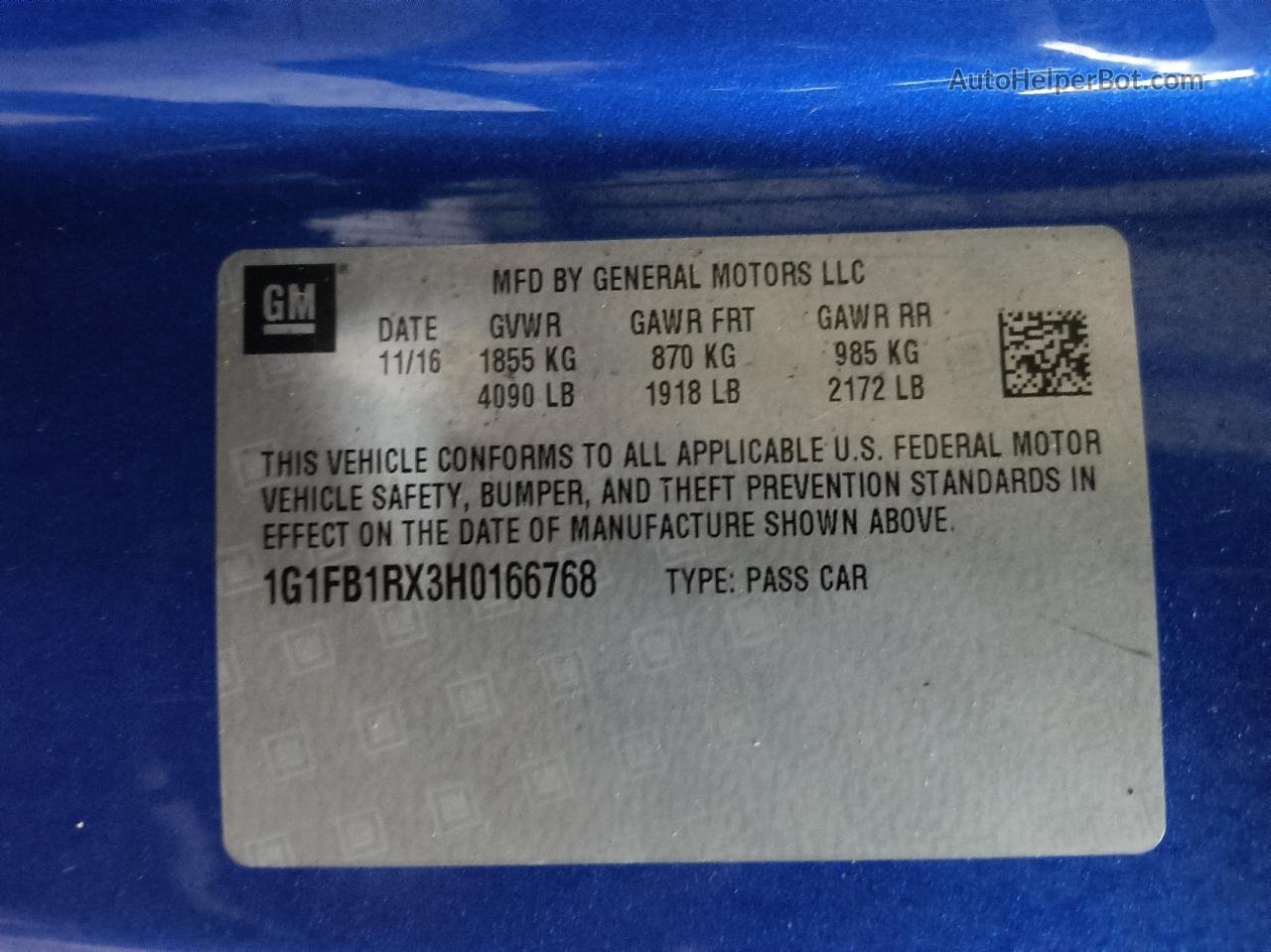 2017 Chevrolet Camaro Lt Blue vin: 1G1FB1RX3H0166768