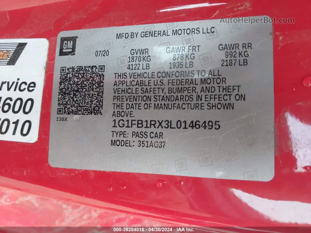 2020 Chevrolet Camaro Rwd  1lt Red vin: 1G1FB1RX3L0146495