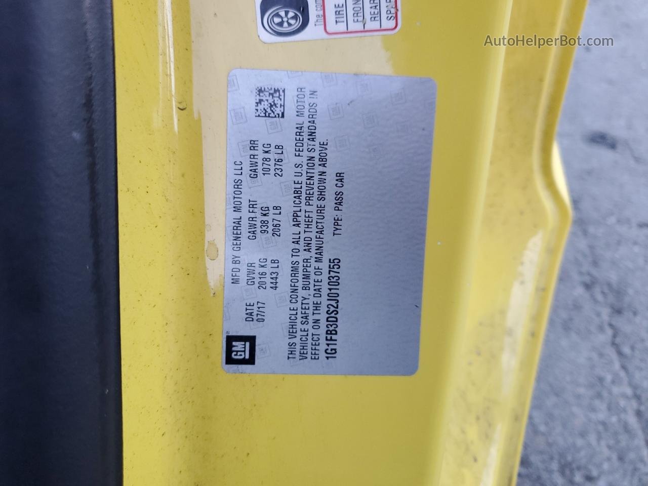 2018 Chevrolet Camaro Lt Желтый vin: 1G1FB3DS2J0103755