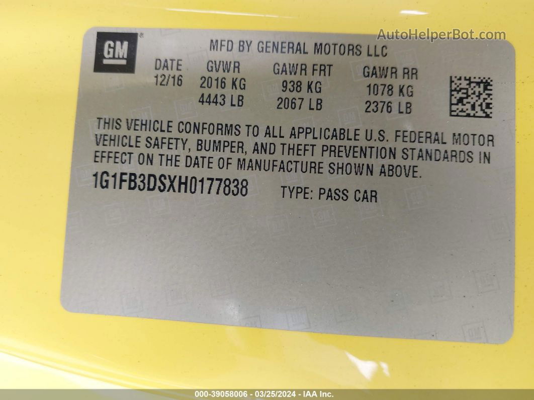 2017 Chevrolet Camaro 1lt Yellow vin: 1G1FB3DSXH0177838