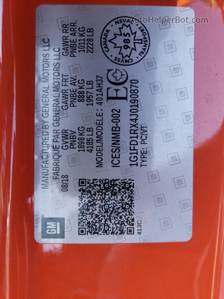 2018 Chevrolet Camaro Lt Orange vin: 1G1FD1RX4J0190870